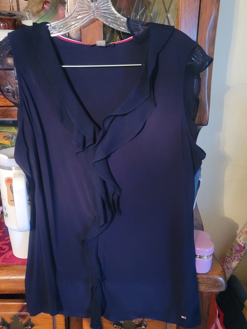 Tommy Hilfiger Navy Ruffle Cap-Sleeve Blouse